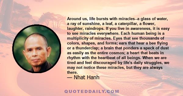 Around us, life bursts with miracles--a glass of water, a ray of sunshine, a leaf, a caterpillar, a flower, laughter, raindrops. If you live in awareness, it is easy to see miracles everywhere. Each human being is a