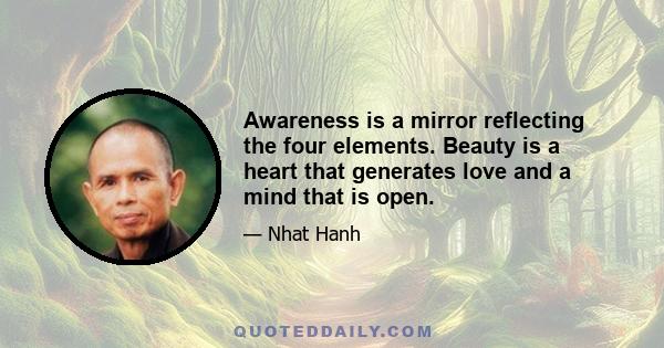 Awareness is a mirror reflecting the four elements. Beauty is a heart that generates love and a mind that is open.