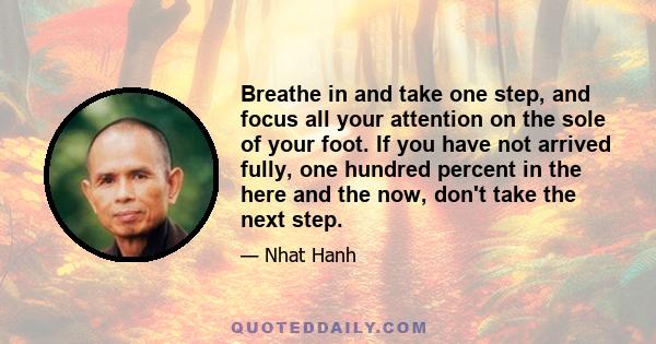 Breathe in and take one step, and focus all your attention on the sole of your foot. If you have not arrived fully, one hundred percent in the here and the now, don't take the next step.