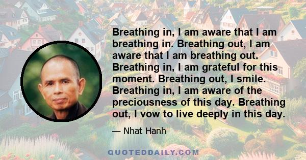 Breathing in, I am aware that I am breathing in. Breathing out, I am aware that I am breathing out. Breathing in, I am grateful for this moment. Breathing out, I smile. Breathing in, I am aware of the preciousness of