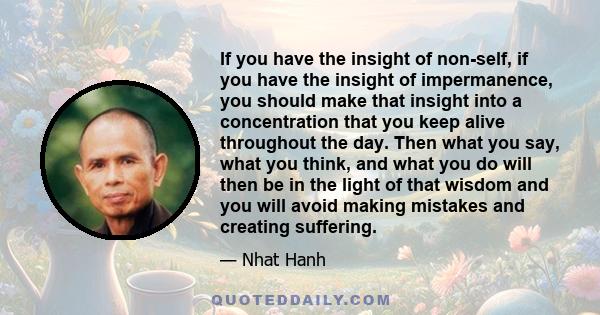 If you have the insight of non-self, if you have the insight of impermanence, you should make that insight into a concentration that you keep alive throughout the day. Then what you say, what you think, and what you do