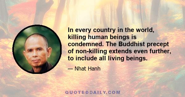 In every country in the world, killing human beings is condemned. The Buddhist precept of non-killing extends even further, to include all living beings.