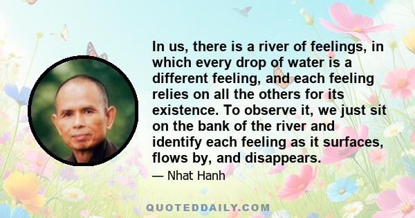 In us, there is a river of feelings, in which every drop of water is a different feeling, and each feeling relies on all the others for its existence. To observe it, we just sit on the bank of the river and identify