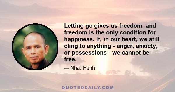 Letting go gives us freedom, and freedom is the only condition for happiness. If, in our heart, we still cling to anything - anger, anxiety, or possessions - we cannot be free.