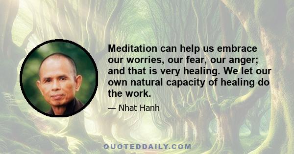 Meditation can help us embrace our worries, our fear, our anger; and that is very healing. We let our own natural capacity of healing do the work.