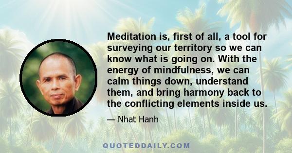 Meditation is, first of all, a tool for surveying our territory so we can know what is going on. With the energy of mindfulness, we can calm things down, understand them, and bring harmony back to the conflicting