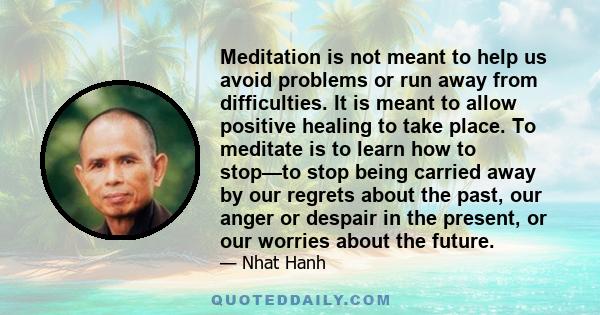 Meditation is not meant to help us avoid problems or run away from difficulties. It is meant to allow positive healing to take place. To meditate is to learn how to stop—to stop being carried away by our regrets about