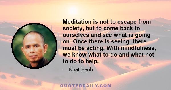 Meditation is not to escape from society, but to come back to ourselves and see what is going on. Once there is seeing, there must be acting. With mindfulness, we know what to do and what not to do to help.