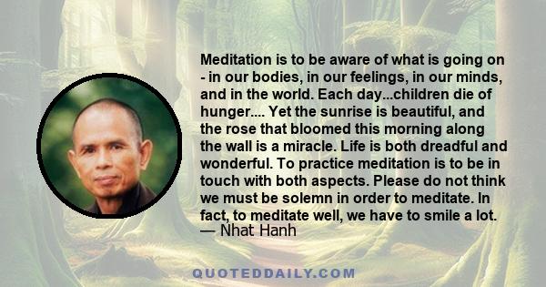 Meditation is to be aware of what is going on - in our bodies, in our feelings, in our minds, and in the world. Each day...children die of hunger.... Yet the sunrise is beautiful, and the rose that bloomed this morning