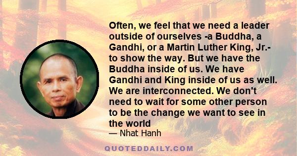 Often, we feel that we need a leader outside of ourselves -a Buddha, a Gandhi, or a Martin Luther King, Jr.- to show the way. But we have the Buddha inside of us. We have Gandhi and King inside of us as well. We are