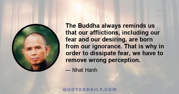 The Buddha always reminds us that our afflictions, including our fear and our desiring, are born from our ignorance. That is why in order to dissipate fear, we have to remove wrong perception.