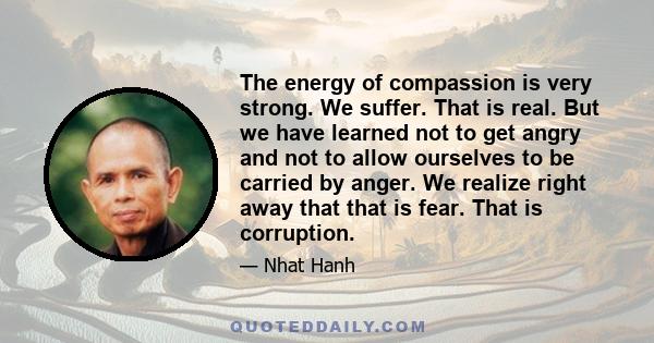 The energy of compassion is very strong. We suffer. That is real. But we have learned not to get angry and not to allow ourselves to be carried by anger. We realize right away that that is fear. That is corruption.