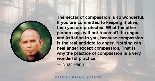 The nectar of compassion is so wonderful. If you are committed to keeping it alive, then you are protected. What the other person says will not touch off the anger and irritation in you, because compassion is the real