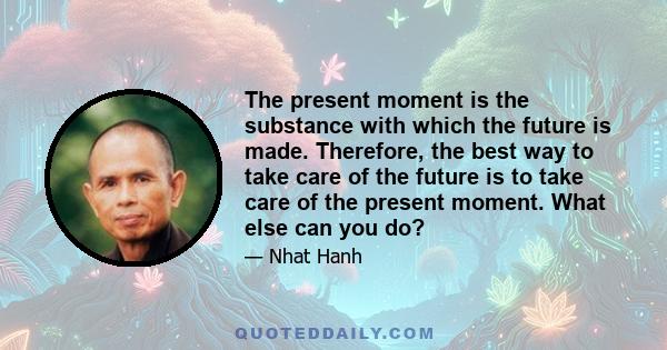 The present moment is the substance with which the future is made. Therefore, the best way to take care of the future is to take care of the present moment. What else can you do?