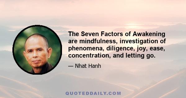 The Seven Factors of Awakening are mindfulness, investigation of phenomena, diligence, joy, ease, concentration, and letting go.