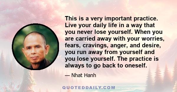 This is a very important practice. Live your daily life in a way that you never lose yourself. When you are carried away with your worries, fears, cravings, anger, and desire, you run away from yourself and you lose