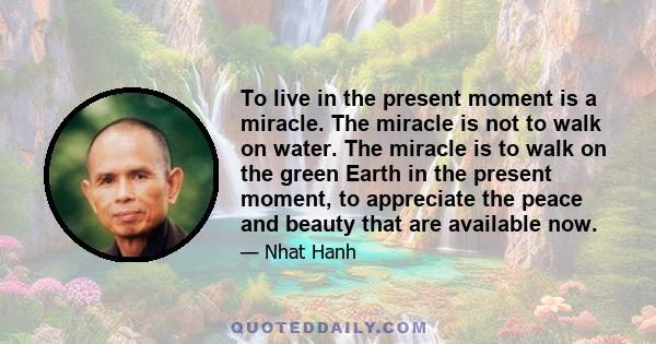 To live in the present moment is a miracle. The miracle is not to walk on water. The miracle is to walk on the green Earth in the present moment, to appreciate the peace and beauty that are available now.