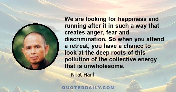 We are looking for happiness and running after it in such a way that creates anger, fear and discrimination. So when you attend a retreat, you have a chance to look at the deep roots of this pollution of the collective