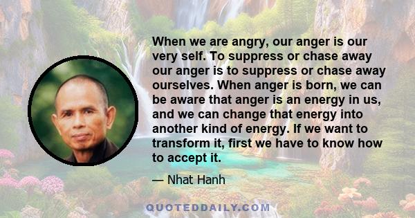 When we are angry, our anger is our very self. To suppress or chase away our anger is to suppress or chase away ourselves. When anger is born, we can be aware that anger is an energy in us, and we can change that energy 