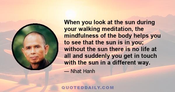 When you look at the sun during your walking meditation, the mindfulness of the body helps you to see that the sun is in you; without the sun there is no life at all and suddenly you get in touch with the sun in a