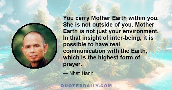 You carry Mother Earth within you. She is not outside of you. Mother Earth is not just your environment. In that insight of inter-being, it is possible to have real communication with the Earth, which is the highest