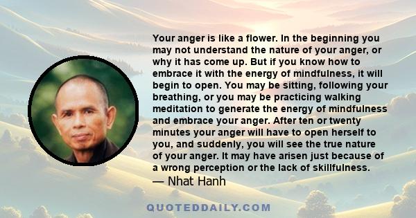 Your anger is like a flower. In the beginning you may not understand the nature of your anger, or why it has come up. But if you know how to embrace it with the energy of mindfulness, it will begin to open. You may be