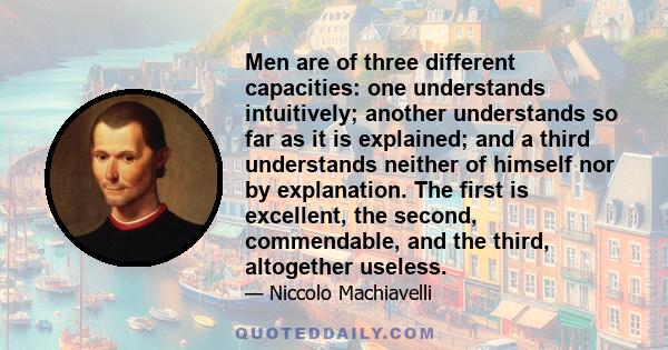 Men are of three different capacities: one understands intuitively; another understands so far as it is explained; and a third understands neither of himself nor by explanation. The first is excellent, the second,