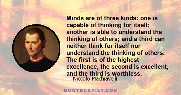 Minds are of three kinds: one is capable of thinking for itself; another is able to understand the thinking of others; and a third can neither think for itself nor understand the thinking of others. The first is of the