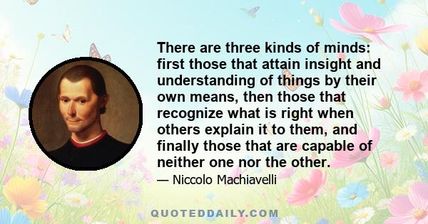 There are three kinds of minds: first those that attain insight and understanding of things by their own means, then those that recognize what is right when others explain it to them, and finally those that are capable