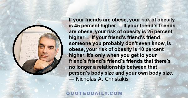 If your friends are obese, your risk of obesity is 45 percent higher. ... If your friend's friends are obese, your risk of obesity is 25 percent higher. ... If your friend's friend's friend, someone you probably don't