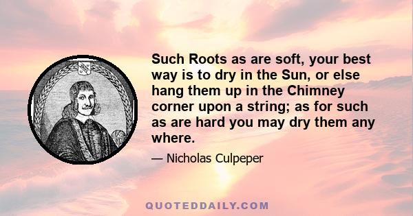 Such Roots as are soft, your best way is to dry in the Sun, or else hang them up in the Chimney corner upon a string; as for such as are hard you may dry them any where.