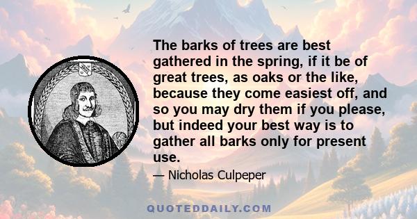 The barks of trees are best gathered in the spring, if it be of great trees, as oaks or the like, because they come easiest off, and so you may dry them if you please, but indeed your best way is to gather all barks