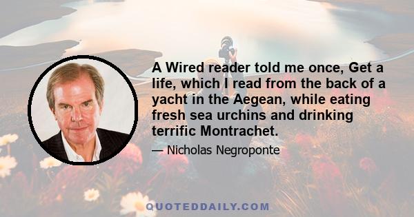 A Wired reader told me once, Get a life, which I read from the back of a yacht in the Aegean, while eating fresh sea urchins and drinking terrific Montrachet.