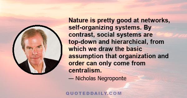 Nature is pretty good at networks, self-organizing systems. By contrast, social systems are top-down and hierarchical, from which we draw the basic assumption that organization and order can only come from centralism.