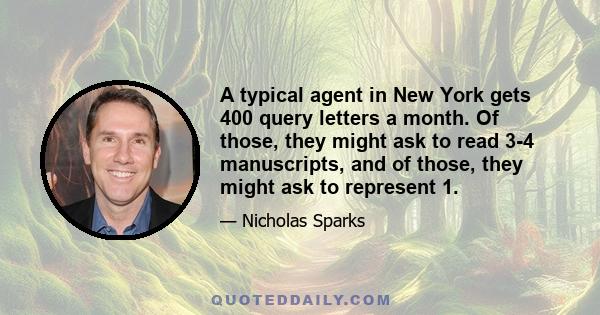 A typical agent in New York gets 400 query letters a month. Of those, they might ask to read 3-4 manuscripts, and of those, they might ask to represent 1.