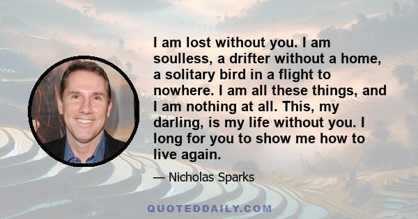 I am lost without you. I am soulless, a drifter without a home, a solitary bird in a flight to nowhere. I am all these things, and I am nothing at all. This, my darling, is my life without you. I long for you to show me 