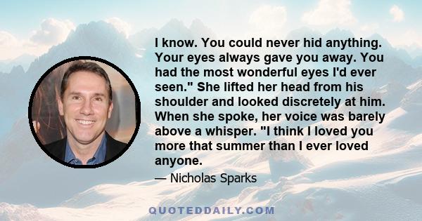 I know. You could never hid anything. Your eyes always gave you away. You had the most wonderful eyes I'd ever seen. She lifted her head from his shoulder and looked discretely at him. When she spoke, her voice was