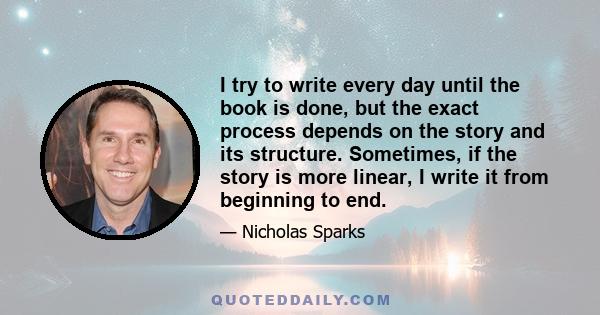 I try to write every day until the book is done, but the exact process depends on the story and its structure. Sometimes, if the story is more linear, I write it from beginning to end.