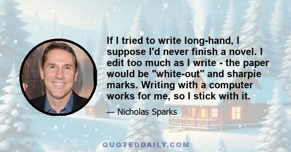 If I tried to write long-hand, I suppose I'd never finish a novel. I edit too much as I write - the paper would be white-out and sharpie marks. Writing with a computer works for me, so I stick with it.