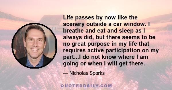 Life passes by now like the scenery outside a car window. I breathe and eat and sleep as I always did, but there seems to be no great purpose in my life that requires active participation on my part...I do not know