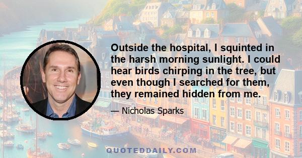 Outside the hospital, I squinted in the harsh morning sunlight. I could hear birds chirping in the tree, but even though I searched for them, they remained hidden from me.