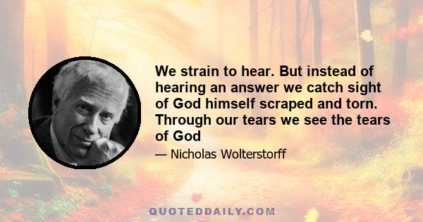 We strain to hear. But instead of hearing an answer we catch sight of God himself scraped and torn. Through our tears we see the tears of God