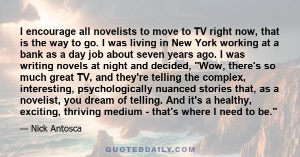 I encourage all novelists to move to TV right now, that is the way to go. I was living in New York working at a bank as a day job about seven years ago. I was writing novels at night and decided, Wow, there's so much