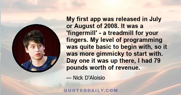 My first app was released in July or August of 2008. It was a 'fingermill' - a treadmill for your fingers. My level of programming was quite basic to begin with, so it was more gimmicky to start with. Day one it was up