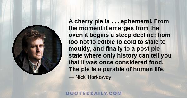 A cherry pie is . . . ephemeral. From the moment it emerges from the oven it begins a steep decline: from too hot to edible to cold to stale to mouldy, and finally to a post-pie state where only history can tell you