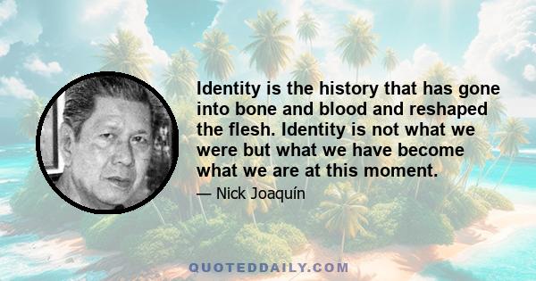 Identity is the history that has gone into bone and blood and reshaped the flesh. Identity is not what we were but what we have become what we are at this moment.