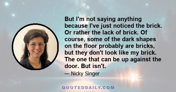 But I'm not saying anything because I've just noticed the brick. Or rather the lack of brick. Of course, some of the dark shapes on the floor probably are bricks, but they don't look like my brick. The one that can be