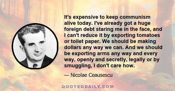 It's expensive to keep communism alive today. I've already got a huge foreign debt staring me in the face, and I can't reduce it by exporting tomatoes or toilet paper. We should be making dollars any way we can. And we