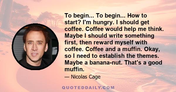 To begin... To begin... How to start? I'm hungry. I should get coffee. Coffee would help me think. Maybe I should write something first, then reward myself with coffee. Coffee and a muffin. Okay, so I need to establish