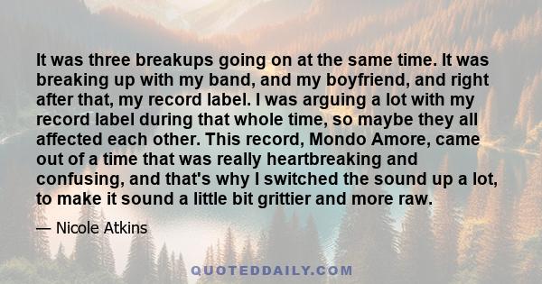 It was three breakups going on at the same time. It was breaking up with my band, and my boyfriend, and right after that, my record label. I was arguing a lot with my record label during that whole time, so maybe they